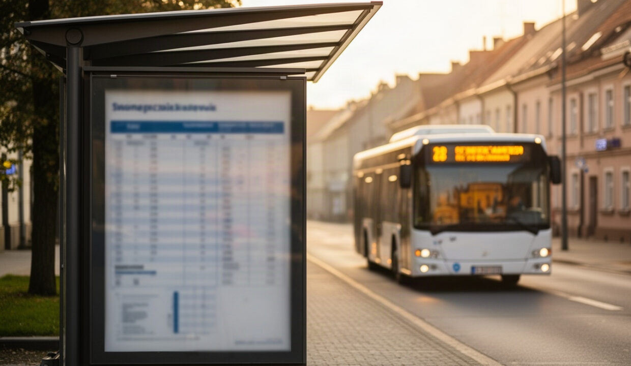 Przystanek autobusowy z nadjeżdżającym autobusem