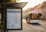 Przystanek autobusowy z nadjeżdżającym autobusem
