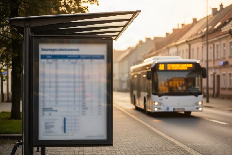 Przystanek autobusowy z nadjeżdżającym autobusem