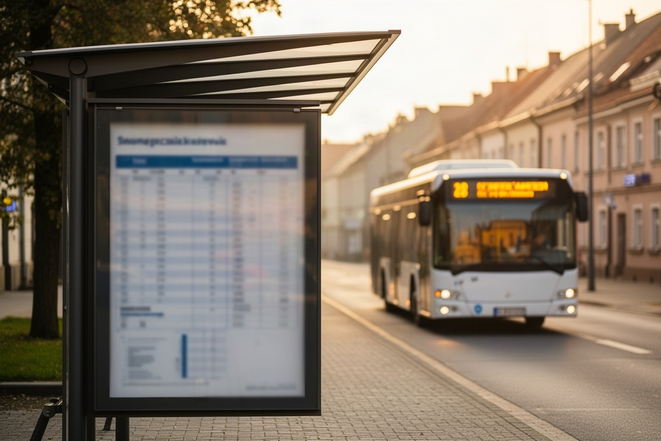 Przystanek autobusowy z nadjeżdżającym autobusem