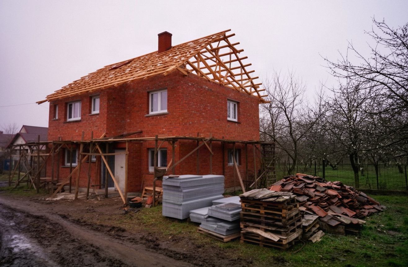 Stary ceglany dom pod Krakowem w trakcie remontu, z rusztowaniem przy ścianie i odkrytą więźbą dachu
