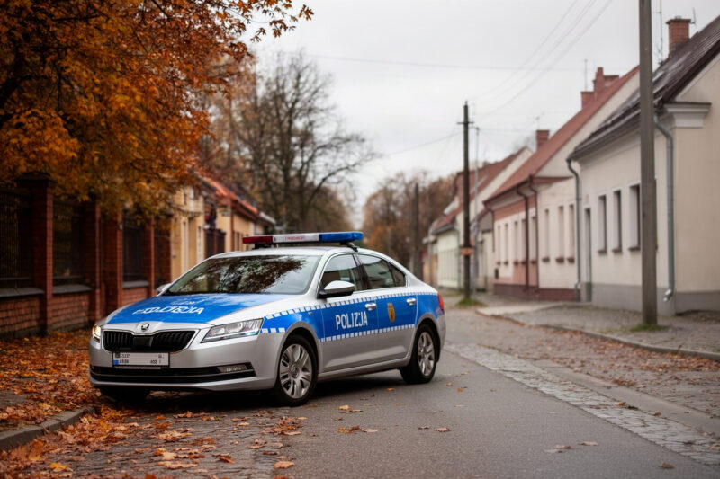Radiowóz na ulicy małego miasta