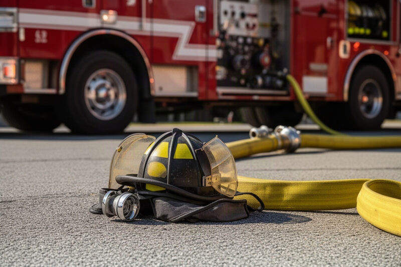 Hełm i wąż strażacki przy wozie