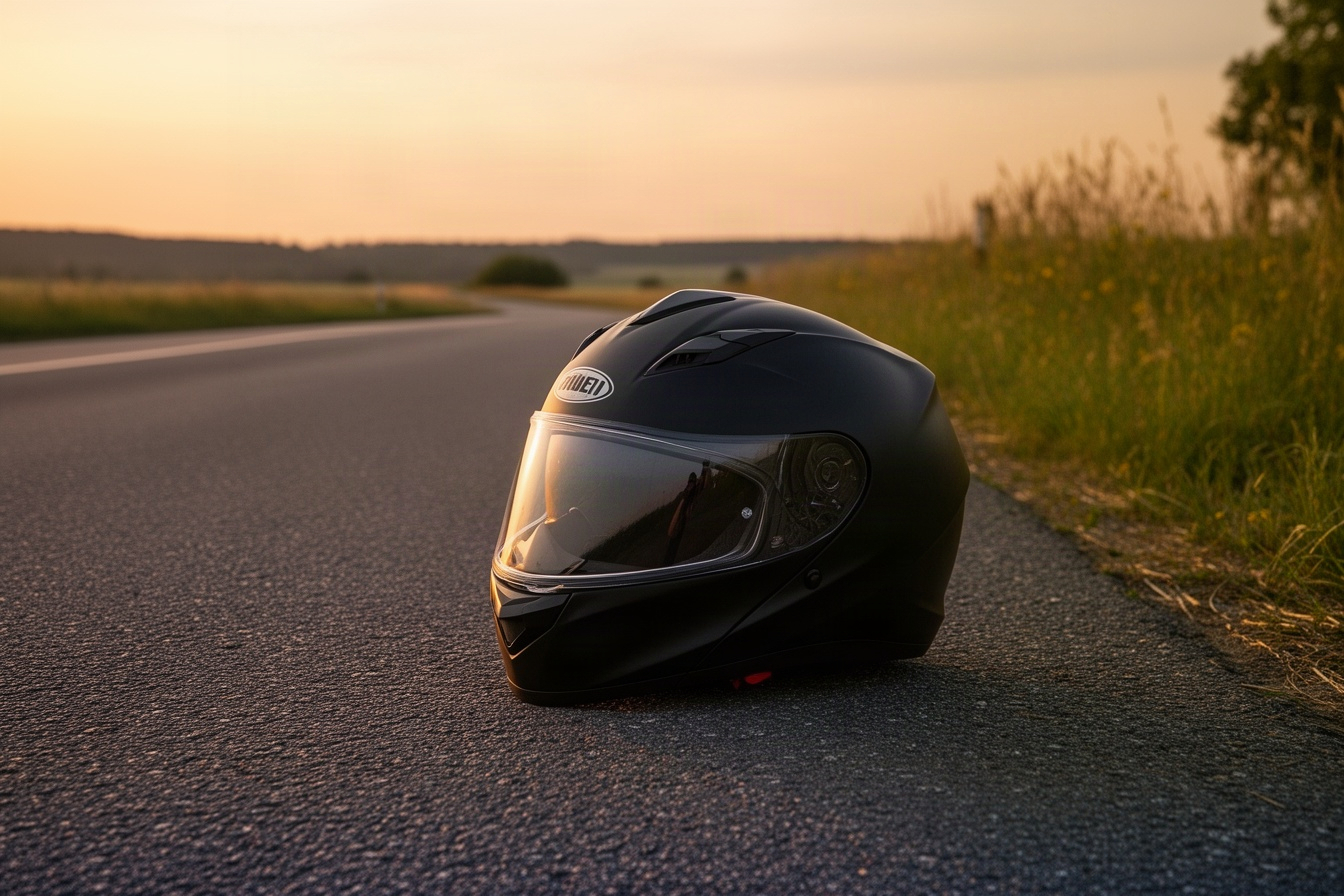 Kask motocyklowy na asfalcie przy drodze
