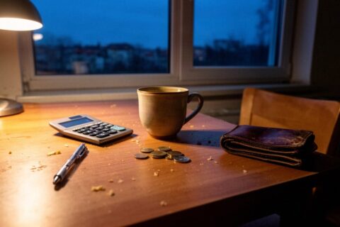 Kuchenny stół wieczorem z kalkulatorem, kubkiem herbaty, długopisem i portfelem