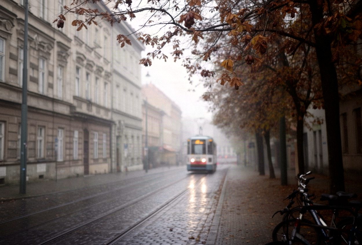 Tramwaj jadący ulicą między kamienicami w deszczowy jesienny poranek w Krakowie