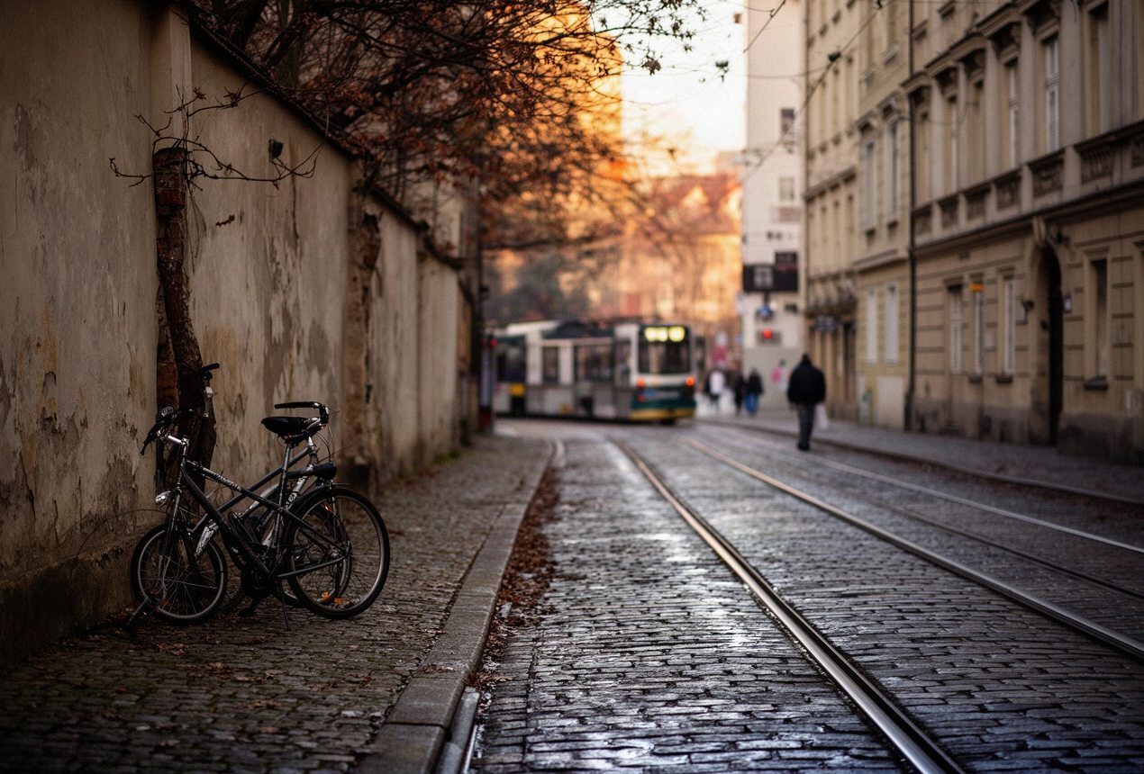 Ulica ze szynami tramwajowymi i brukiem w jesienne popołudnie w dużym mieście