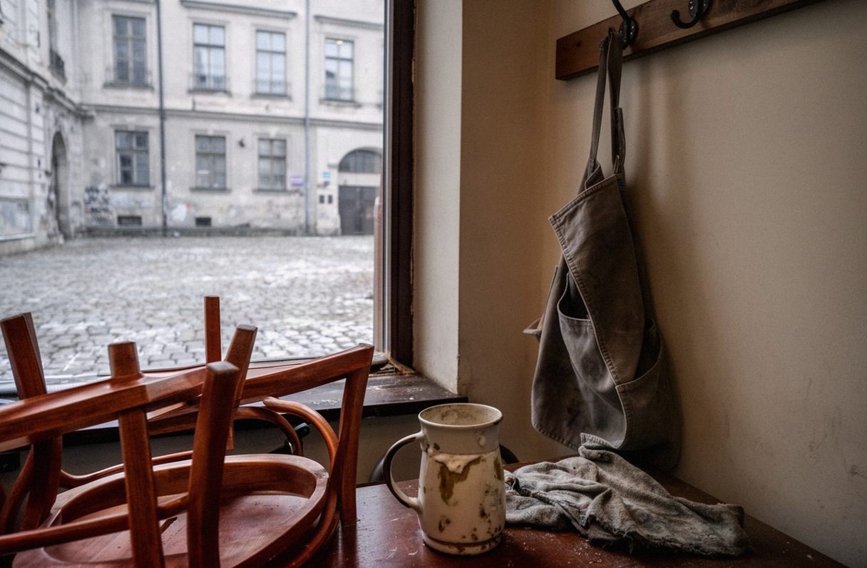 Pusta kawiarnia rano, krzesła na stole i fartuch na haczyku, podwórze kamienicy w Krakowie