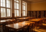 Czytelnia biblioteki z wysokimi oknami
