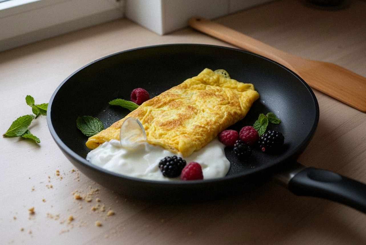 Puszysty złocisty omlet na słodko z owocami i jogurtem naturalnym na patelni z powłoką nieprzywierającą