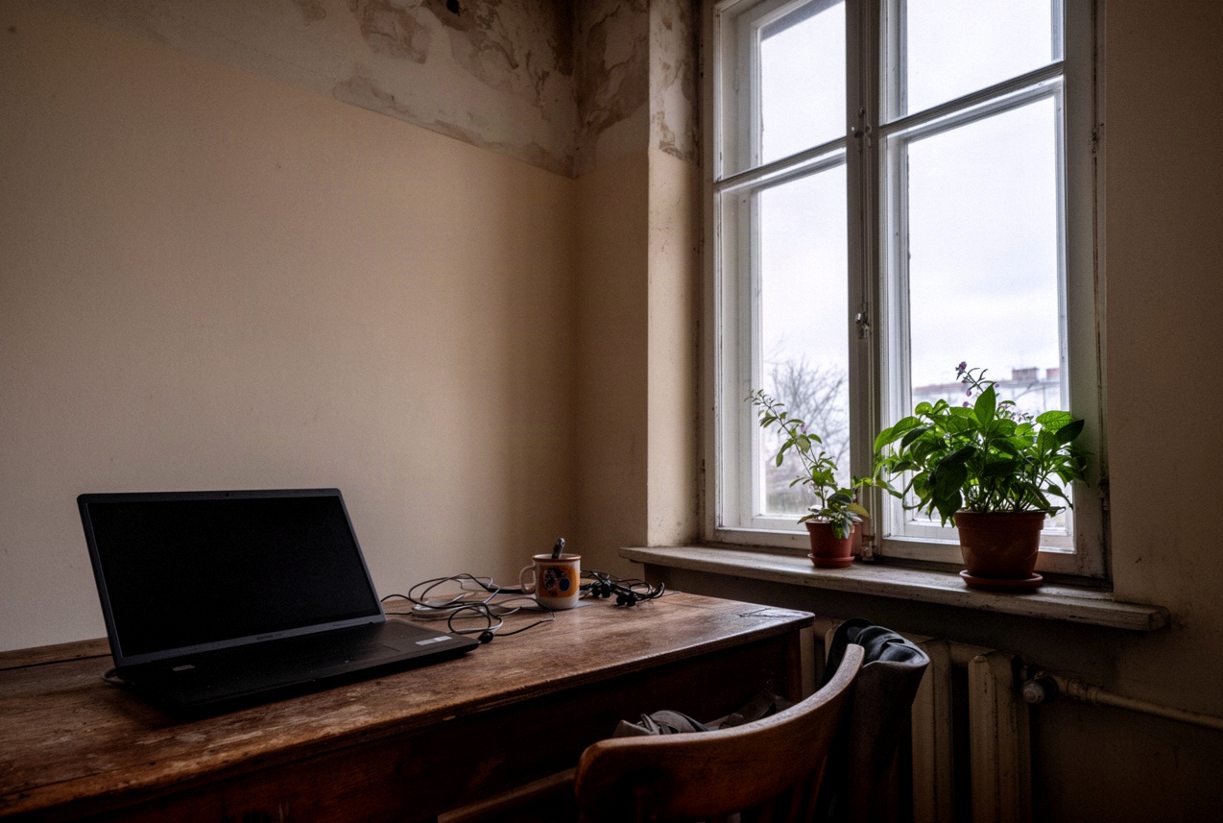 Kącik domowego biura z laptopem przy wysokim oknie w mieszkaniu w kamienicy