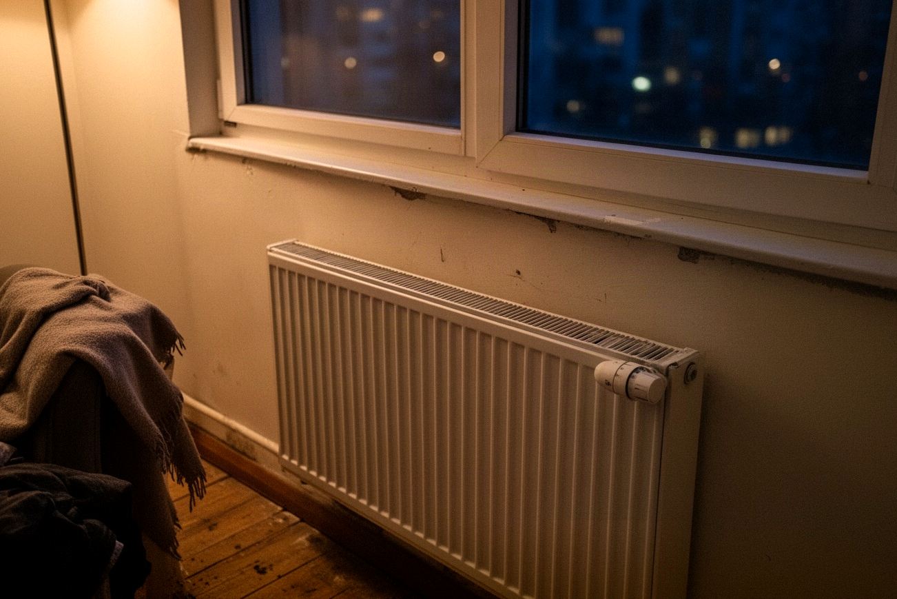 Głowica termostatyczna na grzejniku w wieczornym mieszkaniu
