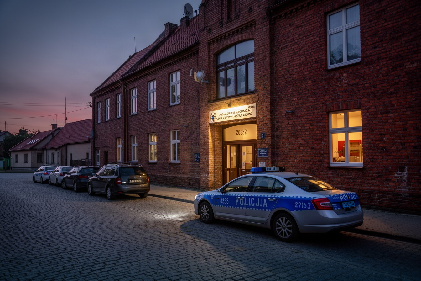 Wejście do komendy policji o zmierzchu