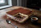 Tiramisu w szklanym naczyniu z wyciętą porcją, widoczne warstwy biszkoptów i kremu mascarpone oprószone kakao