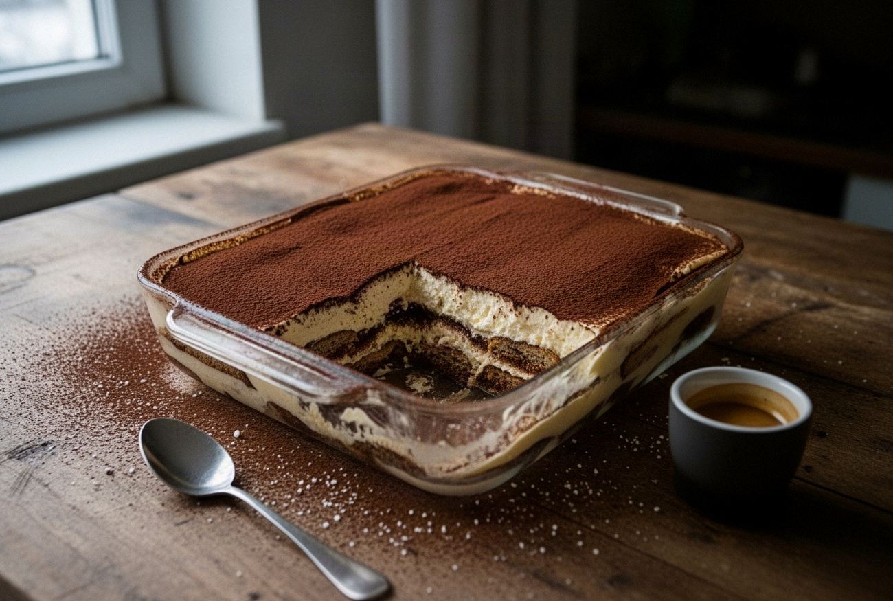 Tiramisu w szklanym naczyniu z wyciętą porcją, widoczne warstwy biszkoptów i kremu mascarpone oprószone kakao